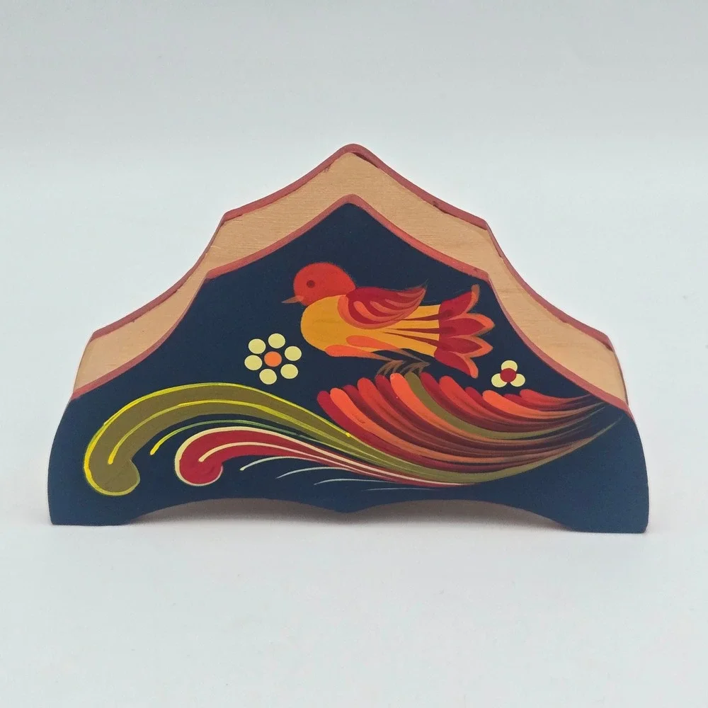 Swedish Dala Hand Painted Bird Floral Wooden Napkin Holder Scandinavian Folk Art